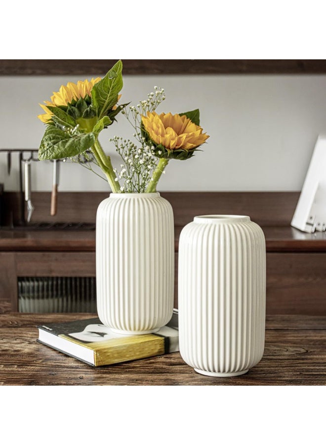 20CM Tall White Ceramic Ribbed Vase, Modern Striped Flower Vase for Home Decor, 7CM Opening Geometric Decorative Vase for Table Centerpiece, Desk & Living Room Decoration, Water Safe - Image 5