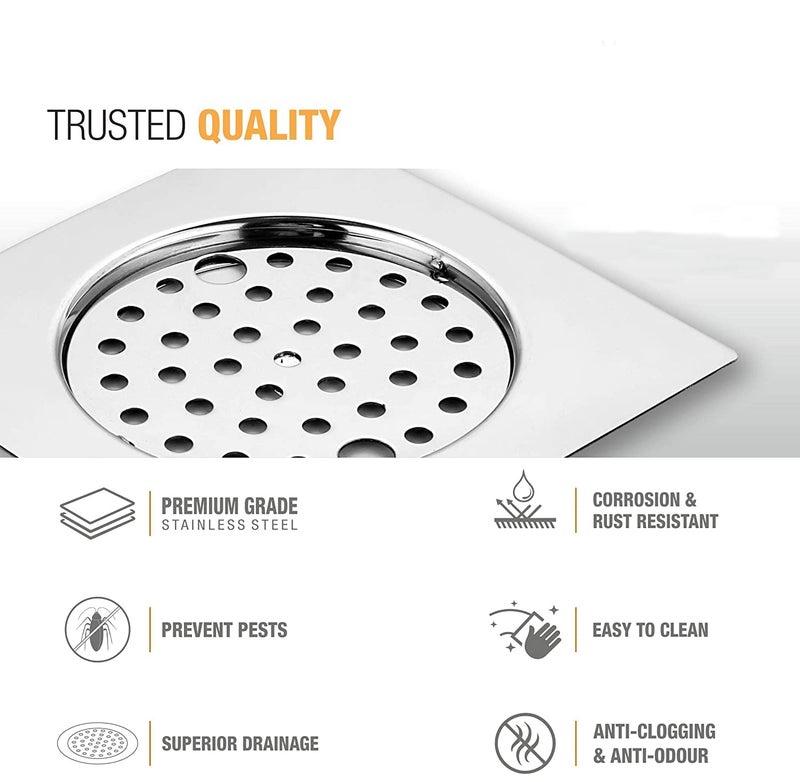 Luxuria Round with Square Plain Jali Lock Floor Drain Pure Stainless Steel 6x6 inches - Image 3