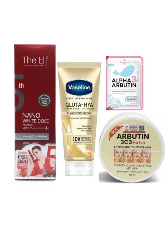 The Elf Whitening Set Nano White Dose Serum ,GLUTA-HYA Flawless Glow & Alpha Arbutin Capsules and Arbutin 3c3 Extra Lotion Arbutin Whitening 300ml