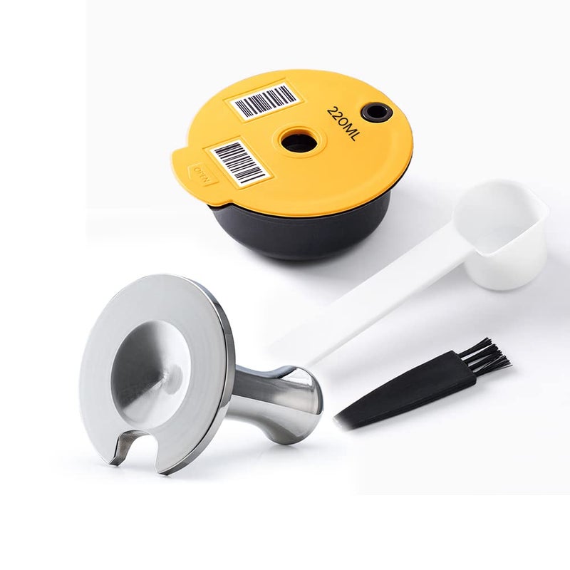 RECAFIMIL Reusable Tassimo Coffee Pad 220 ml with Tamper Refillable Coffee Capsule PP Plastic Coffee Filter Compatible with Bosch TASsimo Machine Yellow