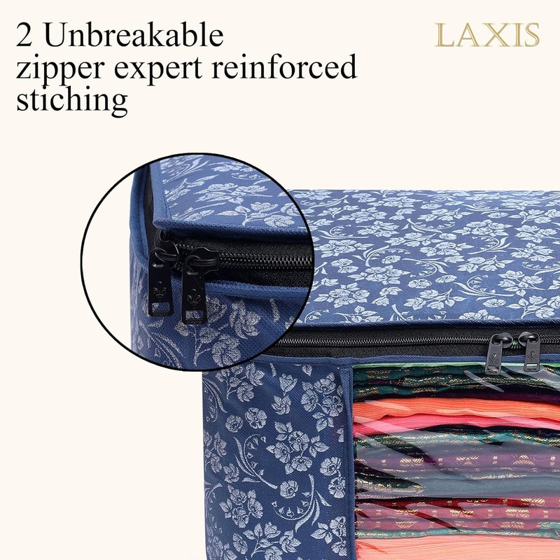 LAXIS ® Saree Covers With Zip Non-Woven Printed Saree Cover/Saree Organizer For Wardrobe/Cloth Storage With Transparent Window/Saree Bags Storage/Clothes Organizer (Blue- Pack of 12) - Image 4