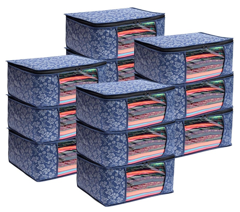 LAXIS ® Saree Covers With Zip Non-Woven Printed Saree Cover/Saree Organizer For Wardrobe/Cloth Storage With Transparent Window/Saree Bags Storage/Clothes Organizer (Blue- Pack of 12) - Image 1