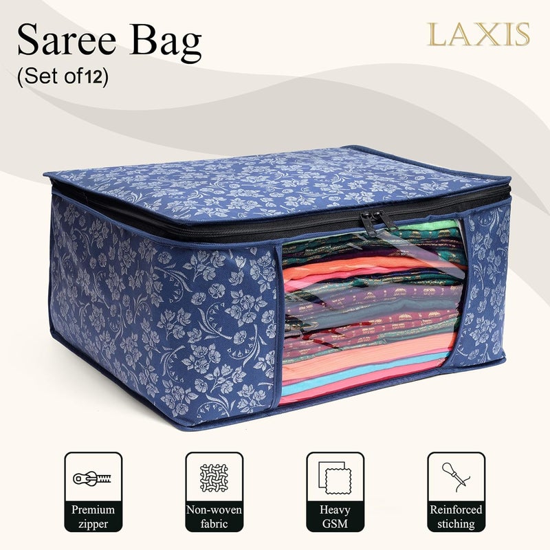 LAXIS ® Saree Covers With Zip Non-Woven Printed Saree Cover/Saree Organizer For Wardrobe/Cloth Storage With Transparent Window/Saree Bags Storage/Clothes Organizer (Blue- Pack of 12) - Image 3