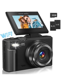 Generic 4K Digital Camera for Photography, WiFi 64MP Autofocus Vlogging Camera for YouTube with 3" 180°Flip Screen, 18X Digital Zoom Compact Vlog Travel Camera with 32GB SD Card, Batteries, Black  - Image 1
