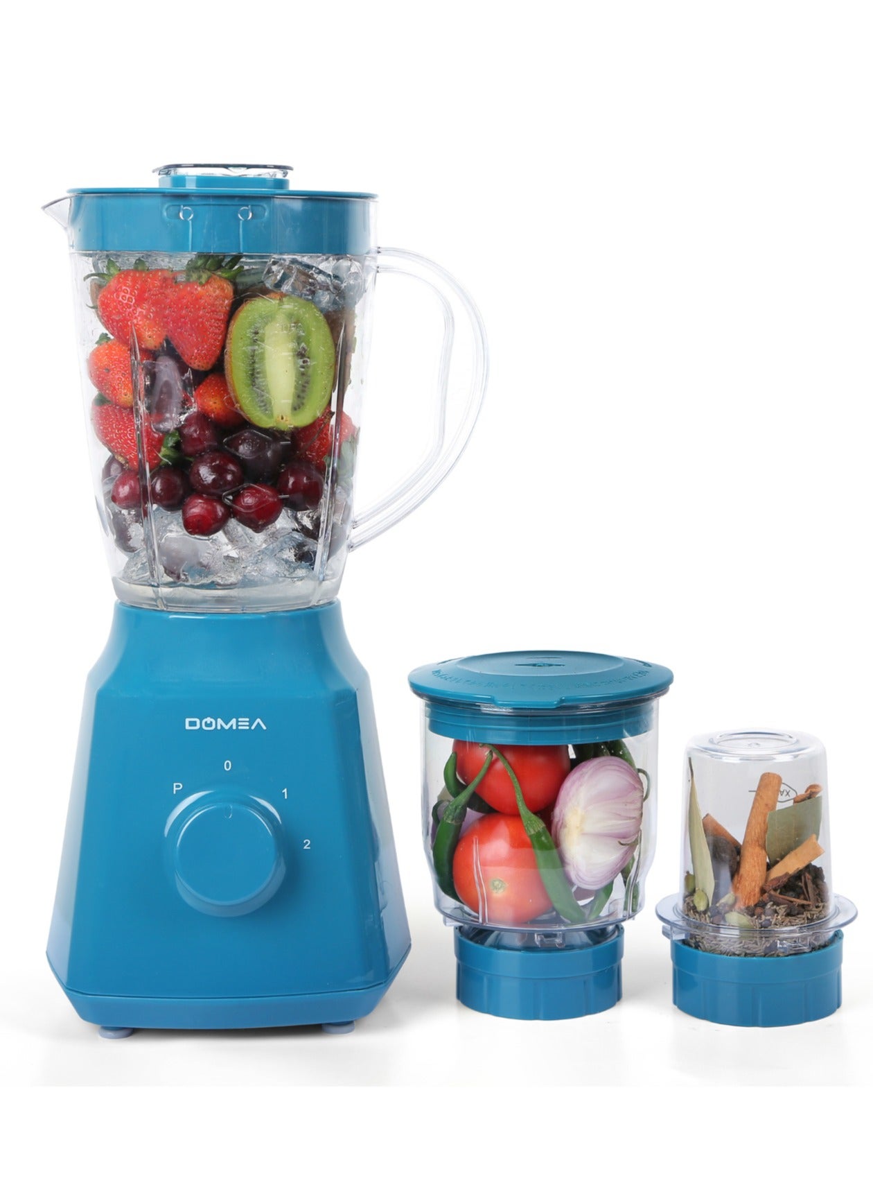 DOMEA 3-in-1 Countertop Blender, 350W, 1.5L Unbreakable PC Jar+ Mincer Chopper & Grinding Mill, Stainless Steel Blades, 2-Speed & Pulse Control, Perfect for Smoothies, Spices & Baby Food Preparation