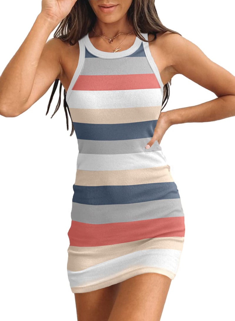 Samefar Womens Summer Sexy Bodycon Dress Scoop Neck Slim Ribbed Sleeveless Tank Dresses Stripd Multicolor Mini Dress Small - Image 1