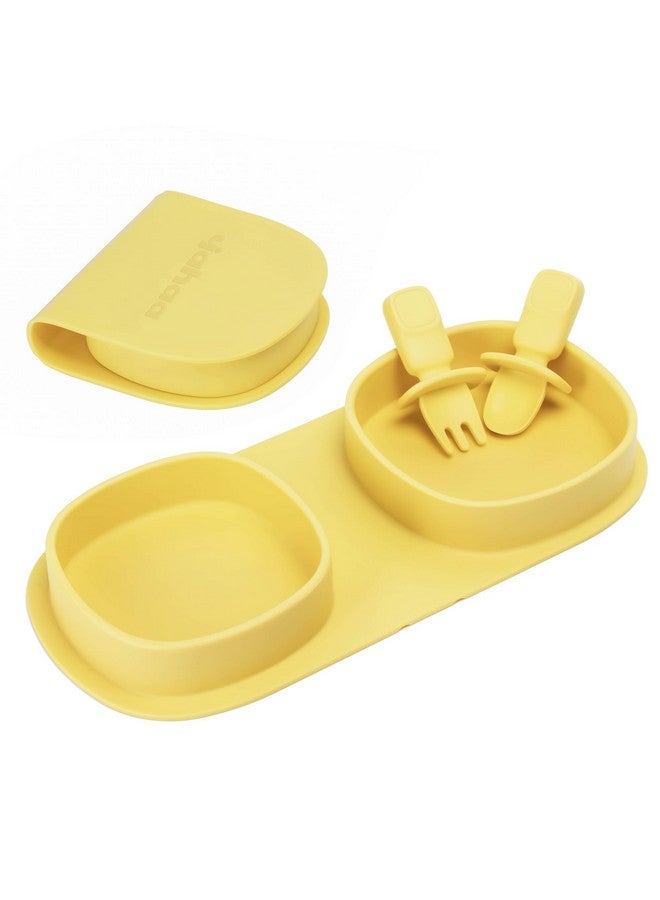 yahaa Toddler Plates Travel Essential on the go,Baby Plates with Forks and Spoons Self Feeding 6 months,Foldable,Silicone,BPA Free,Lemon - Image 1