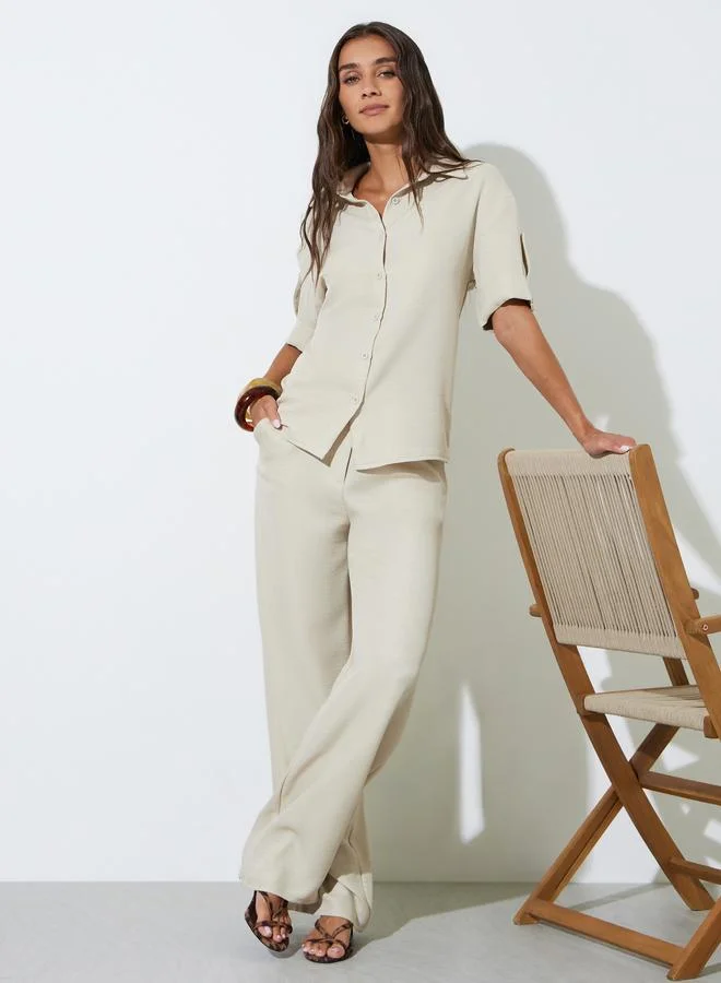 ستايلي Khaki Solid Tab Cuff Short Sleeves Shirt and Wide Leg Pants Co-Ords