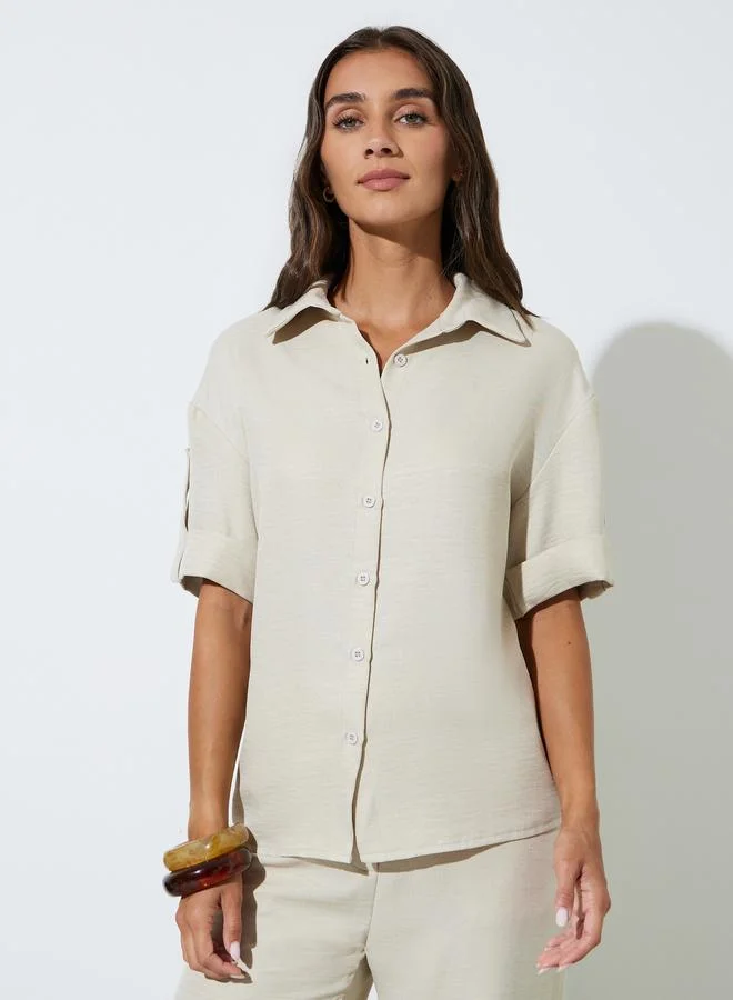 ستايلي Khaki Solid Tab Cuff Short Sleeves Shirt and Wide Leg Pants Co-Ords