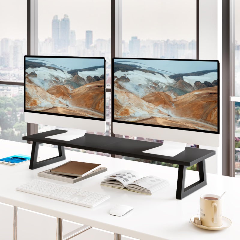TEAMIX 31.5 inch Dual Monitor Riser, Long Black Monitor Stand Riser Wide TV Stand Riser Monitor Stand for 2 Monitors Wood & Steel Desktop Riser Desk Organization Home Office - Image 2