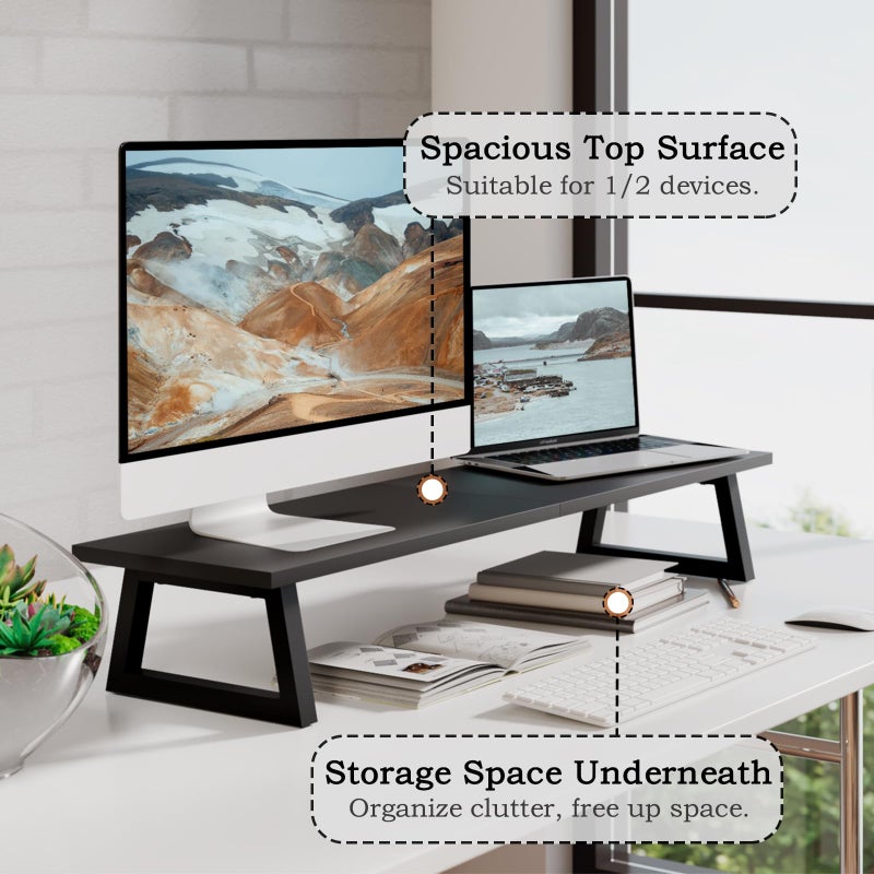 TEAMIX 31.5 inch Dual Monitor Riser, Long Black Monitor Stand Riser Wide TV Stand Riser Monitor Stand for 2 Monitors Wood & Steel Desktop Riser Desk Organization Home Office - Image 3