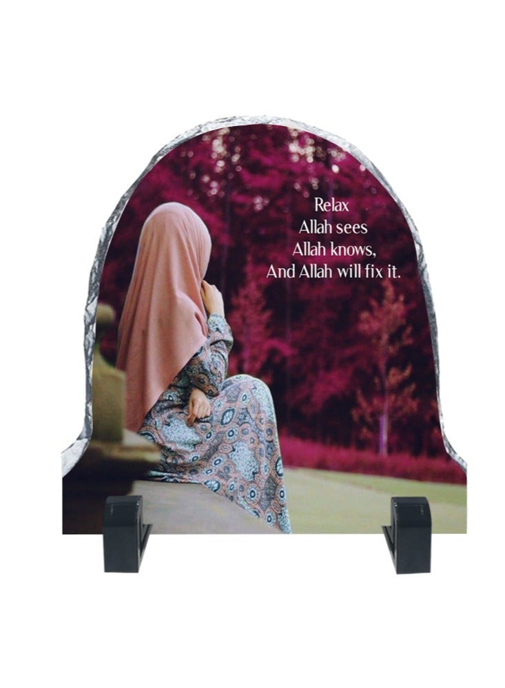 Service Zone Protective Printed White Rock Shape Marble Photo Frame for Table Top Relax Allah Sees Allah Knows And Allah Will Fix It - Image 1