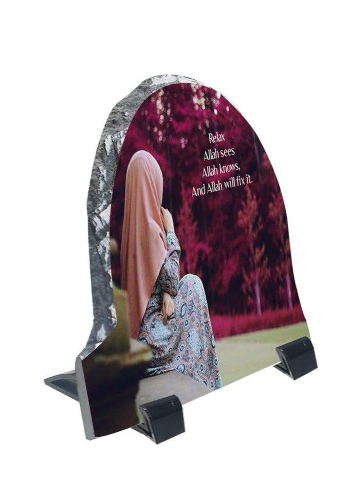 Service Zone Protective Printed White Rock Shape Marble Photo Frame for Table Top Relax Allah Sees Allah Knows And Allah Will Fix It - Image 2
