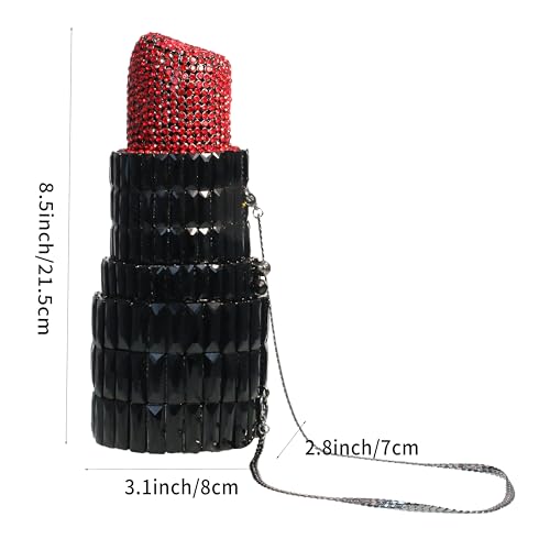 DEBIMY Women Glittering Evening Bag Rhinestone Crystal Lipstick Shape Evening Clutch Vintage Wedding Party Banquet Handbag, Red Black - Image 2