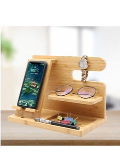 Y&D Double Layer Wooden Desktop Charging Docking Station and Bedside Organizer Holder for phone, pad or key  - Image 1