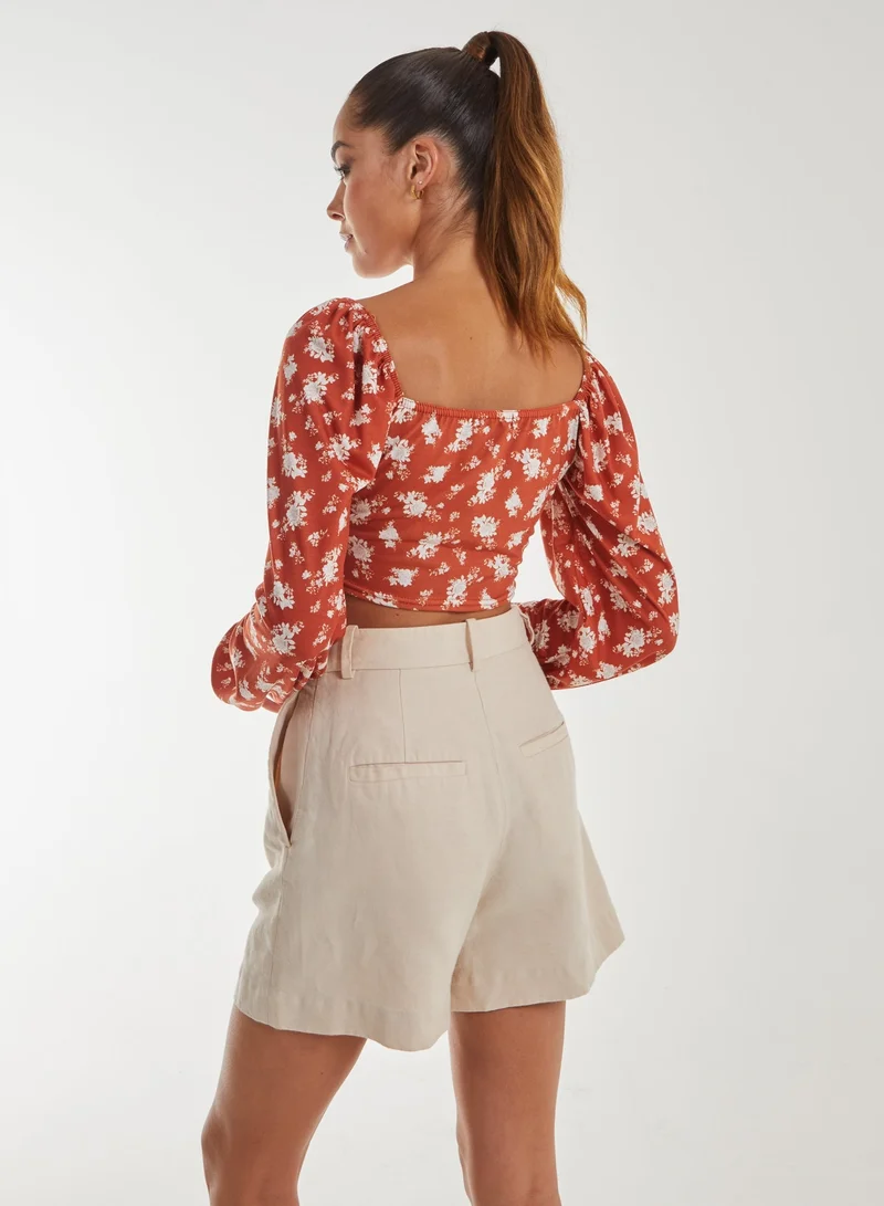 Pink Vanilla Floral Printed Milkmaid Long Balloon Sleeve Top