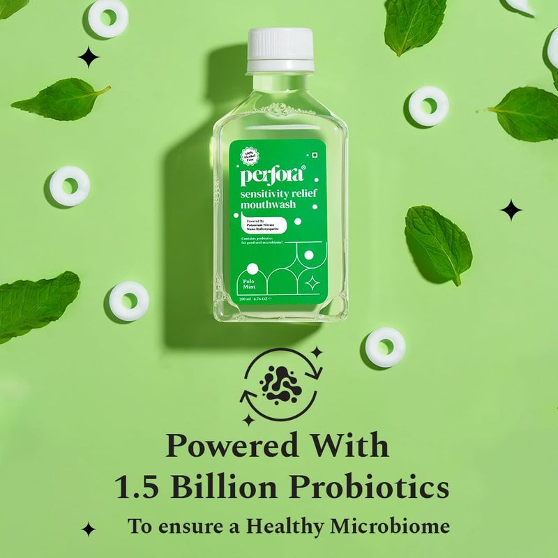 Perfora غسول فم بيرفورا لتخفيف الحساسية - 200 مل | سائل غسول فم خالي من الكحول مع نترات البوتاسيوم وحمض الهيالورونيك | ينعش النفس ويزيل الجراثيم | غسول فم للعناية بالفم - عبوة من 1 - Image 4