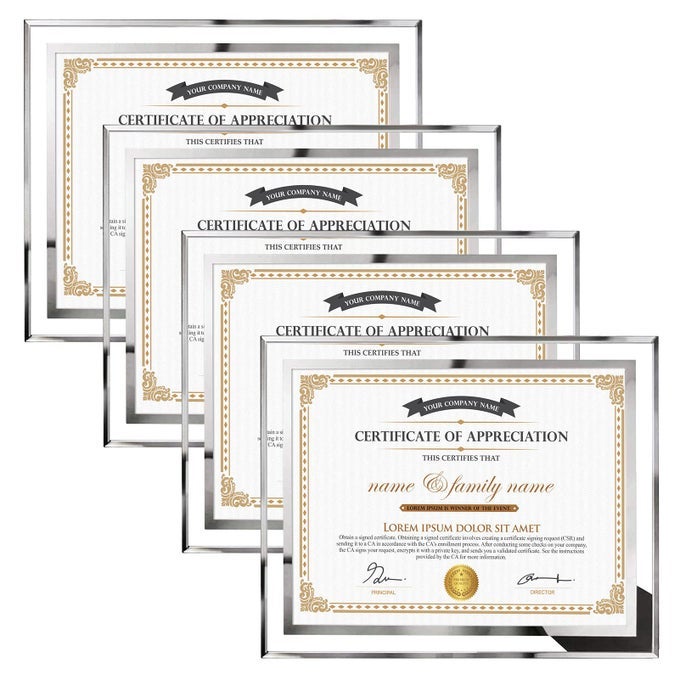 85X11 PICTURE FRAMES 4 PACKS SILVER GLASS CERTIFICATE FRAMES FOR DOCUMENT DIPLOMA AWARD ONLY FOR TABLETOP DISPLAY VERTICALLY OR HORIZONTALLY