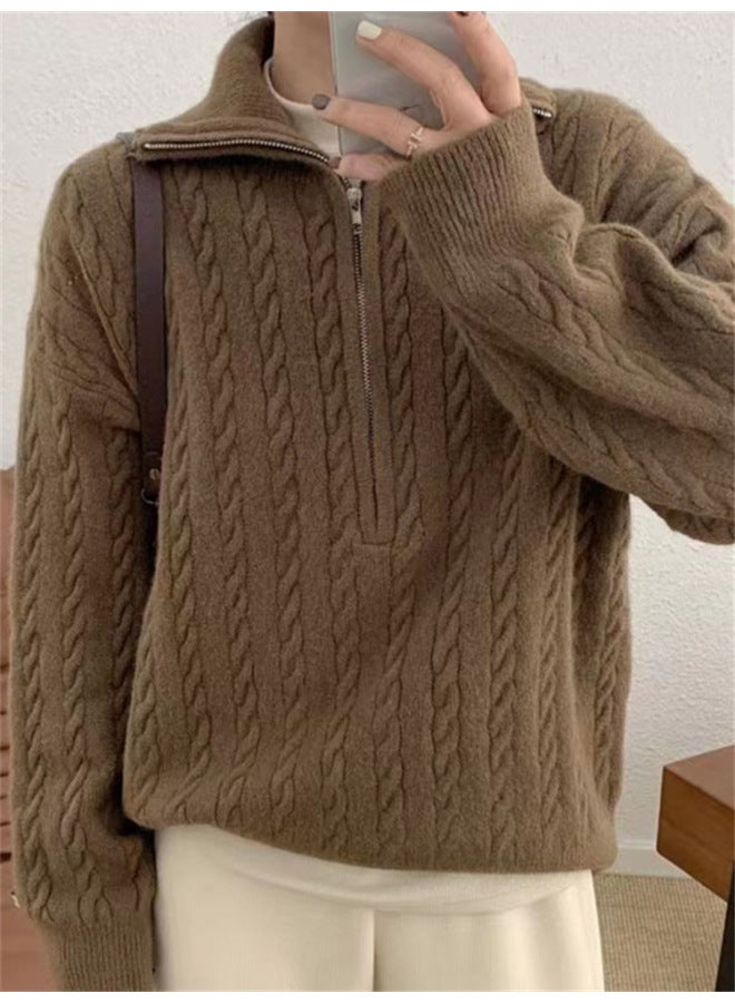 Leyuan Autumn Winter New Long Sleeve Retro Cable Knit High Neck Pullover Sweater Women's Coat Half Zip Knit Top - Image 1