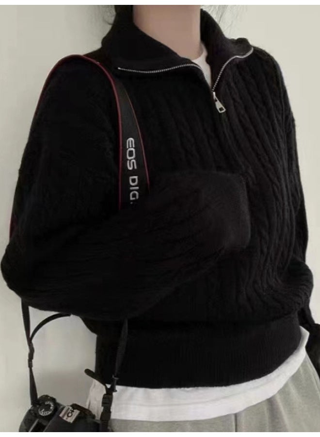 Leyuan Autumn Winter New Long Sleeve Retro Cable Knit High Neck Pullover Sweater Women's Coat Half Zip Knit Top - Image 5
