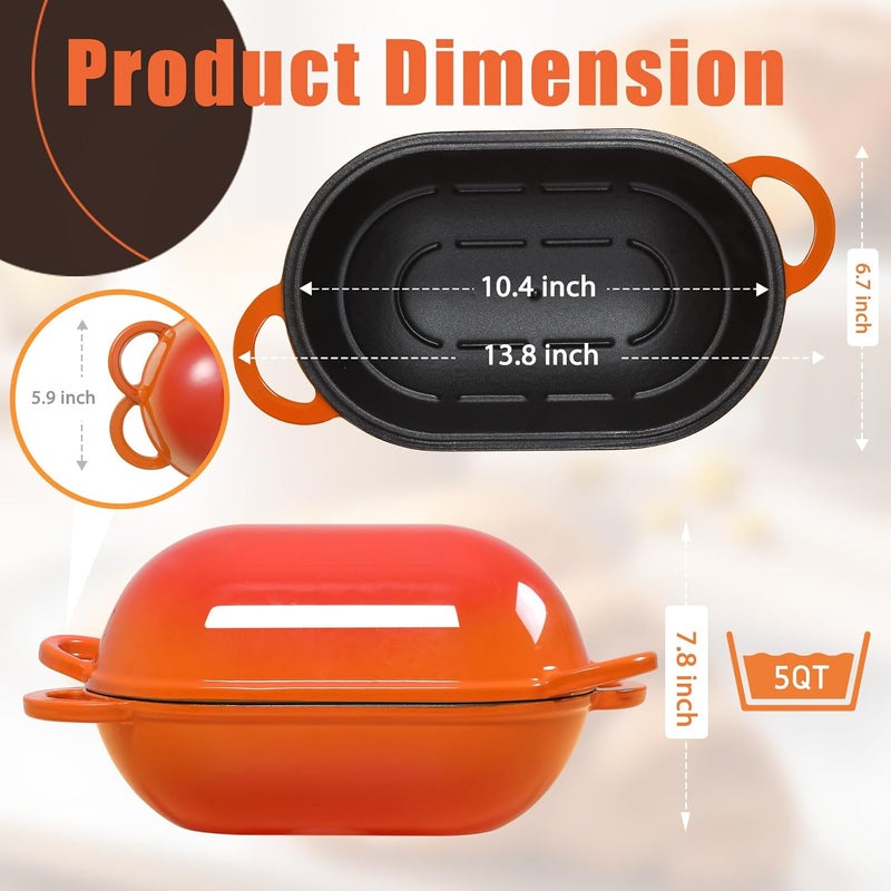 NSIRONS Enameled Cast Iron Sourdough Bread Oven, 5 QT Loaf Cast Iron Bread Pan with Lid, Oval Dutch Oven for Homemade Bread Baking, Meatloaf Pan with Lid (Orange) - Image 3