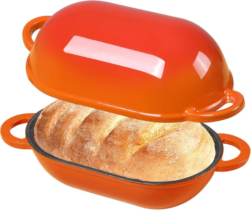 NSIRONS Enameled Cast Iron Sourdough Bread Oven, 5 QT Loaf Cast Iron Bread Pan with Lid, Oval Dutch Oven for Homemade Bread Baking, Meatloaf Pan with Lid (Orange) - Image 1