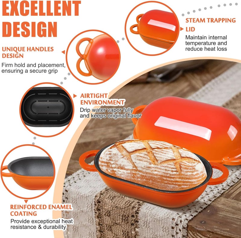 NSIRONS Enameled Cast Iron Sourdough Bread Oven, 5 QT Loaf Cast Iron Bread Pan with Lid, Oval Dutch Oven for Homemade Bread Baking, Meatloaf Pan with Lid (Orange) - Image 4