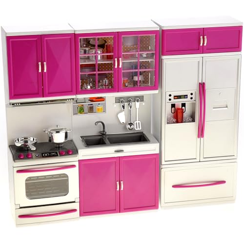 PowerTRC Doll Kitchen Play Set Mini Modern Toy Kitchen Pretend Play Furnitures Toy Set Accessories Set with Realistic Light Sound for Kids Toddlers Girls 3in1 - Image 1