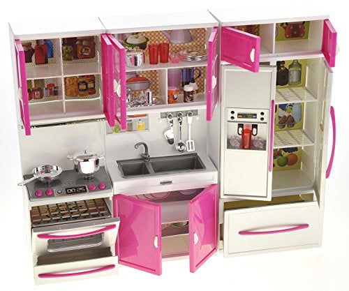 PowerTRC Doll Kitchen Play Set Mini Modern Toy Kitchen Pretend Play Furnitures Toy Set Accessories Set with Realistic Light Sound for Kids Toddlers Girls 3in1 - Image 5