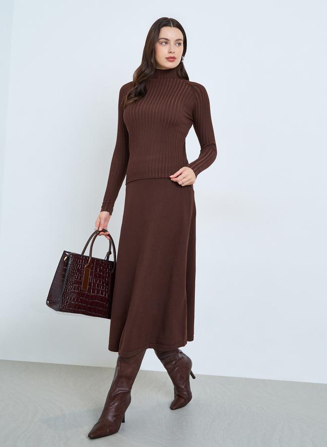 Styli Brown High Neck Ribbed Long Sleeve Top - Image 1