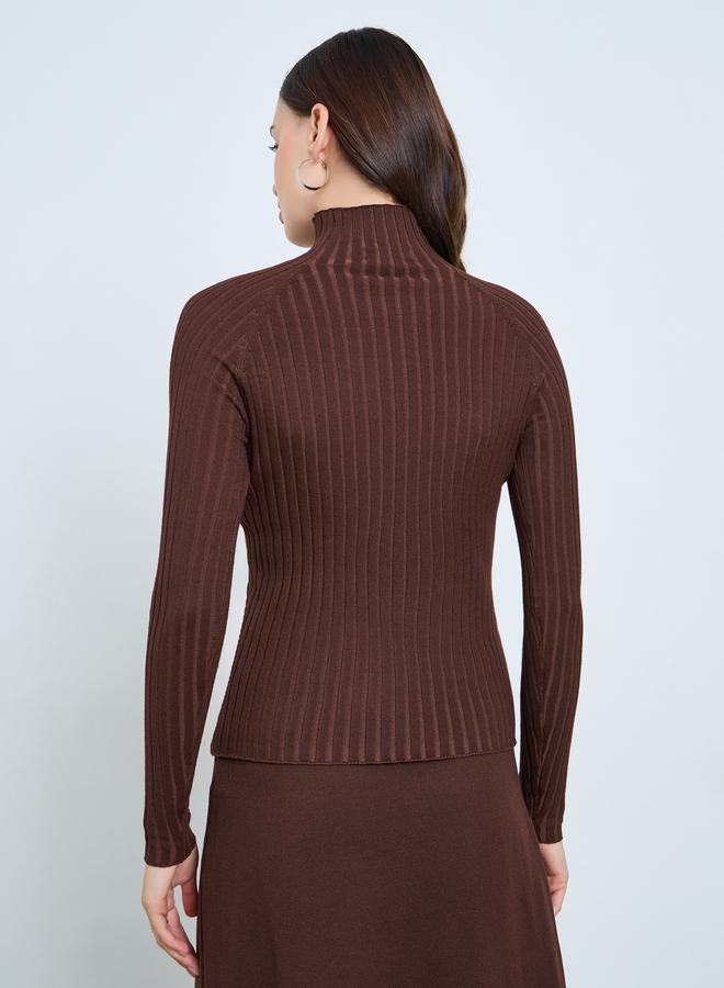 Styli Brown High Neck Ribbed Long Sleeve Top - Image 5