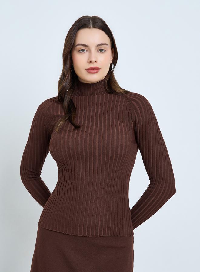 Styli Brown High Neck Ribbed Long Sleeve Top - Image 3