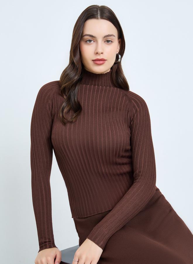 Styli Brown High Neck Ribbed Long Sleeve Top - Image 2