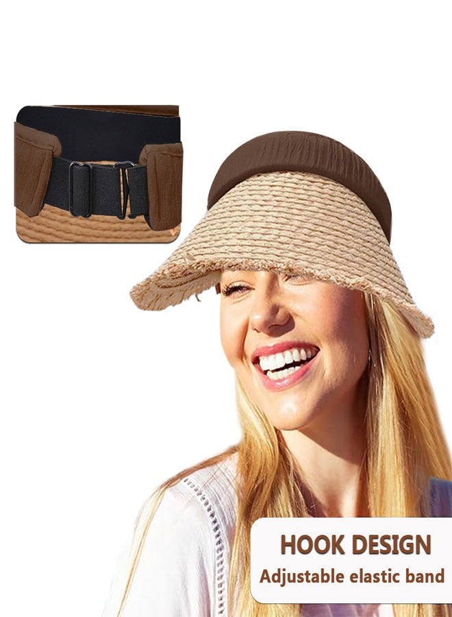 Women's Sun Visor Hats Wide Brim Straw Visors Foldable Beach Visors Summer Roll Up Ponytail Beach Hat  for Women Girl Travel Coffee - Image 3