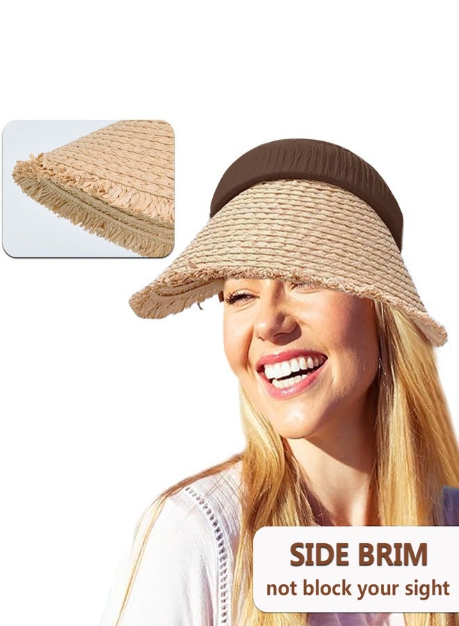Women's Sun Visor Hats Wide Brim Straw Visors Foldable Beach Visors Summer Roll Up Ponytail Beach Hat  for Women Girl Travel Coffee - Image 2