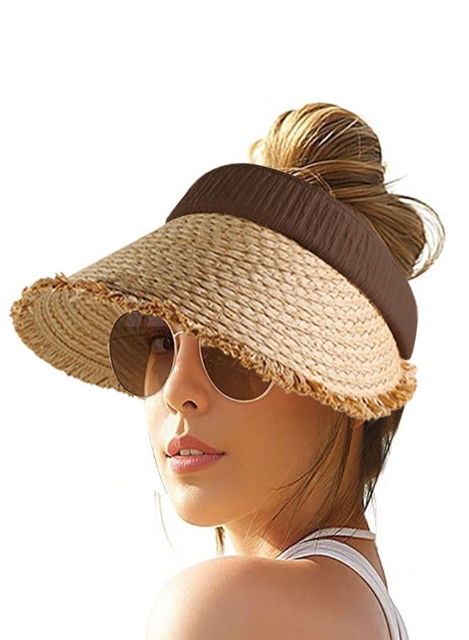 Women's Sun Visor Hats Wide Brim Straw Visors Foldable Beach Visors Summer Roll Up Ponytail Beach Hat  for Women Girl Travel Coffee - Image 1
