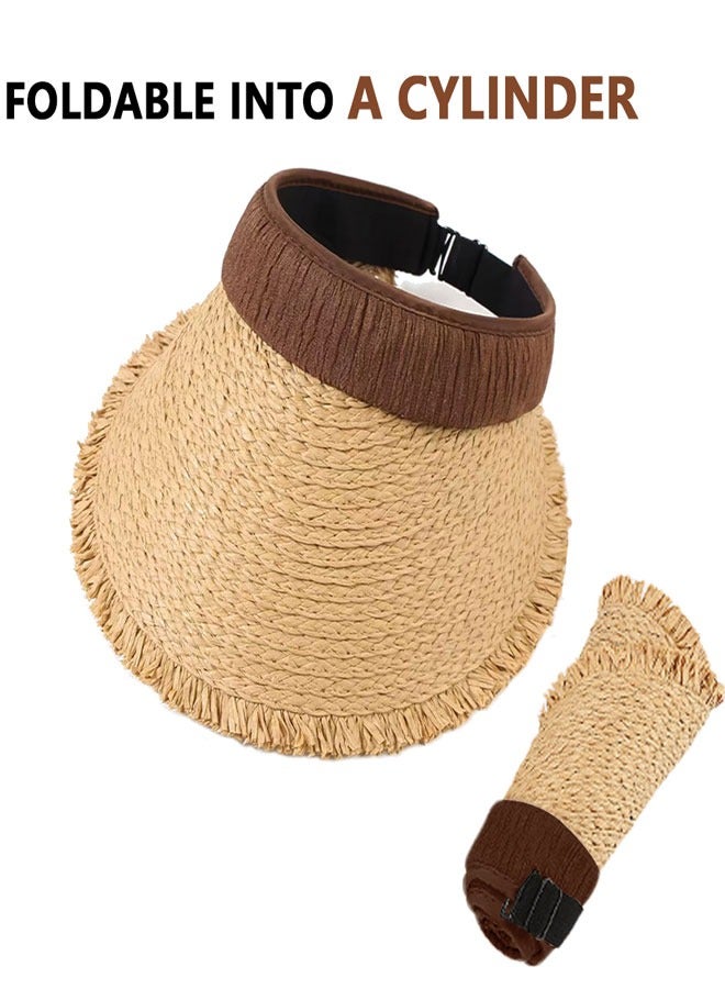 Women's Sun Visor Hats Wide Brim Straw Visors Foldable Beach Visors Summer Roll Up Ponytail Beach Hat  for Women Girl Travel Coffee - Image 5