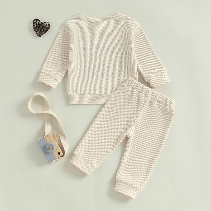 DNOMAID YZARC Toddler Baby Boy Valentines Outfit Lover Boy Embroidery Waffle Knit Sweatshirt Long Pants 2Pcs Clothes Set (Apricot, 18-24 Months) - Image 3