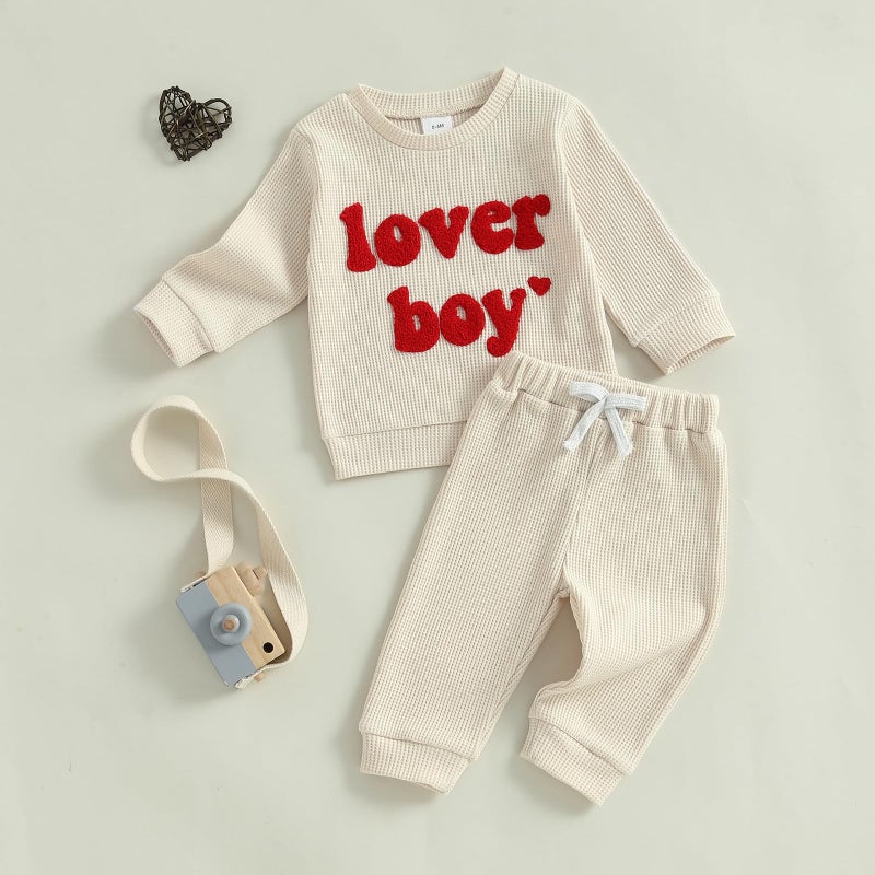 DNOMAID YZARC Toddler Baby Boy Valentines Outfit Lover Boy Embroidery Waffle Knit Sweatshirt Long Pants 2Pcs Clothes Set (Apricot, 18-24 Months) - Image 2