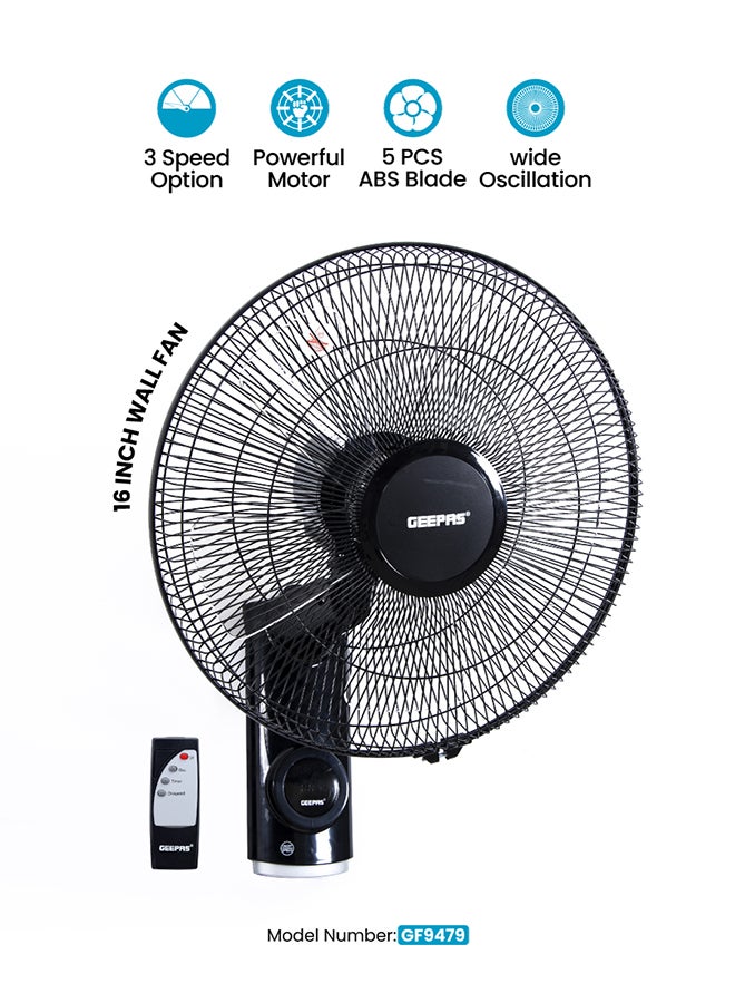 GEEPAS 16 Inch Wall Fan With Remote Control 1250 RPM | 60 W 3 Speed Options, 5 Pcs AS Blade| 12 Hours Timer, Wide Oscillation and Oveheat Protection, Durable Metal Grill 60 W GF9479N Black - Image 1
