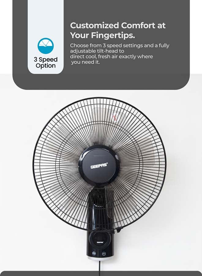 GEEPAS 16 Inch Wall Fan With Remote Control 1250 RPM | 60 W 3 Speed Options, 5 Pcs AS Blade| 12 Hours Timer, Wide Oscillation and Oveheat Protection, Durable Metal Grill 60 W GF9479N Black - Image 3