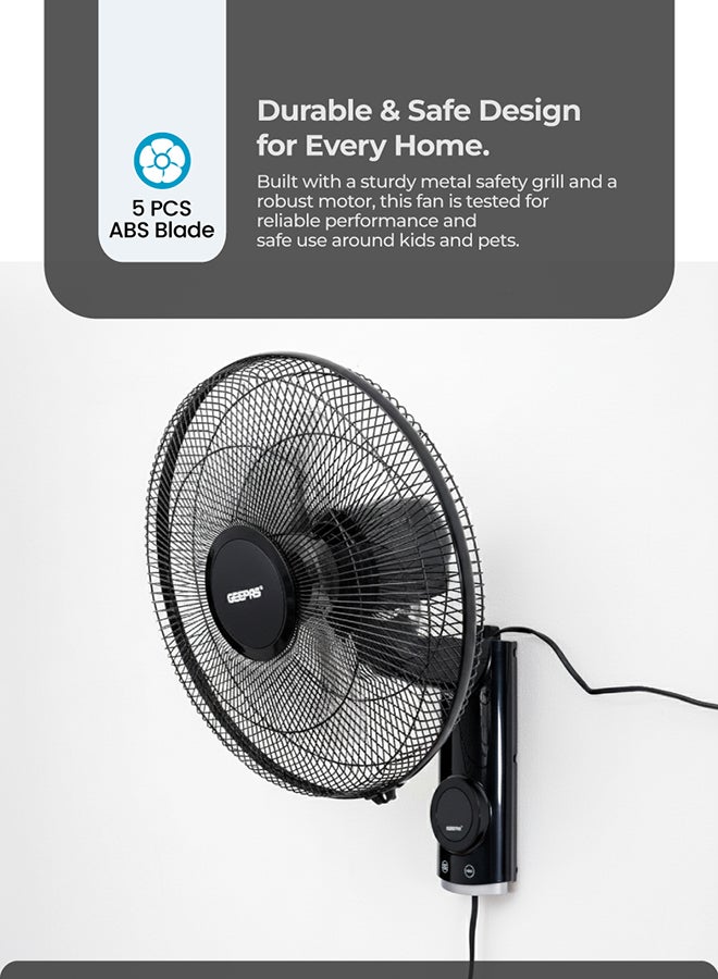 GEEPAS 16 Inch Wall Fan With Remote Control 1250 RPM | 60 W 3 Speed Options, 5 Pcs AS Blade| 12 Hours Timer, Wide Oscillation and Oveheat Protection, Durable Metal Grill 60 W GF9479N Black - Image 4
