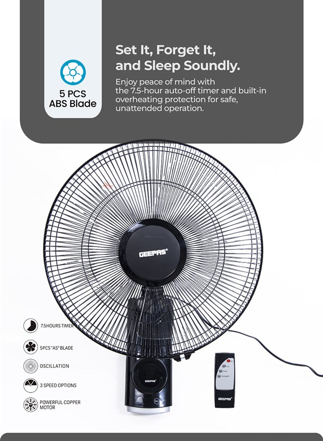GEEPAS 16 Inch Wall Fan With Remote Control 1250 RPM | 60 W 3 Speed Options, 5 Pcs AS Blade| 12 Hours Timer, Wide Oscillation and Oveheat Protection, Durable Metal Grill 60 W GF9479N Black - Image 5