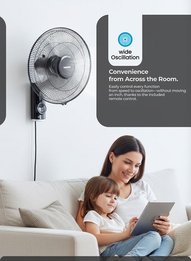 GEEPAS 16 Inch Wall Fan With Remote Control 1250 RPM | 60 W 3 Speed Options, 5 Pcs AS Blade| 12 Hours Timer, Wide Oscillation and Oveheat Protection, Durable Metal Grill 60 W GF9479N Black - Image 2