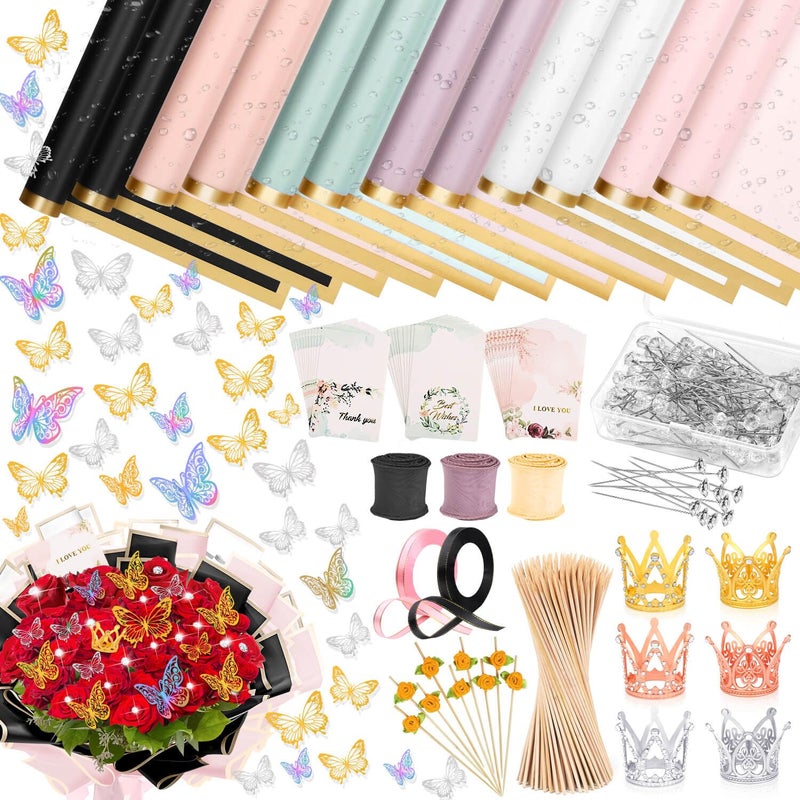 Tetutor 366 pcs Flower Bouquet Wrapping Paper,Waterproof Flower Floral Wrapping Paper Bouquet Sheets With Ribbons Pins 3D Butterflies and Crowns for Florist Wrap - Image 1