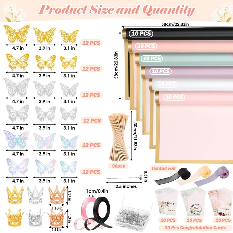 Tetutor 366 pcs Flower Bouquet Wrapping Paper,Waterproof Flower Floral Wrapping Paper Bouquet Sheets With Ribbons Pins 3D Butterflies and Crowns for Florist Wrap - Image 2