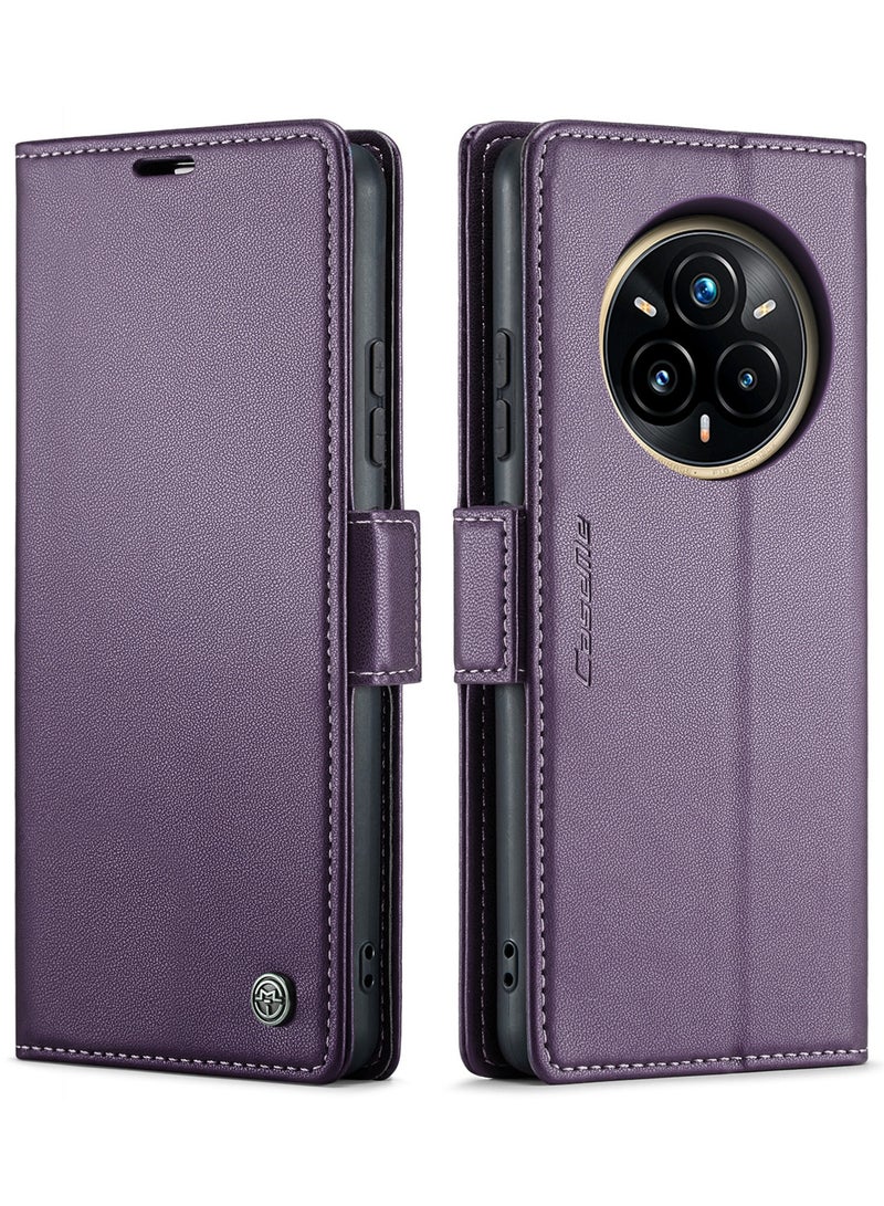 CaseMe Phone Case Luxury PU Leather Design Anti Fingerprint 023 Flip Cover Card Slot Holder Cover For Realme 14 Pro (Purple) - Image 1