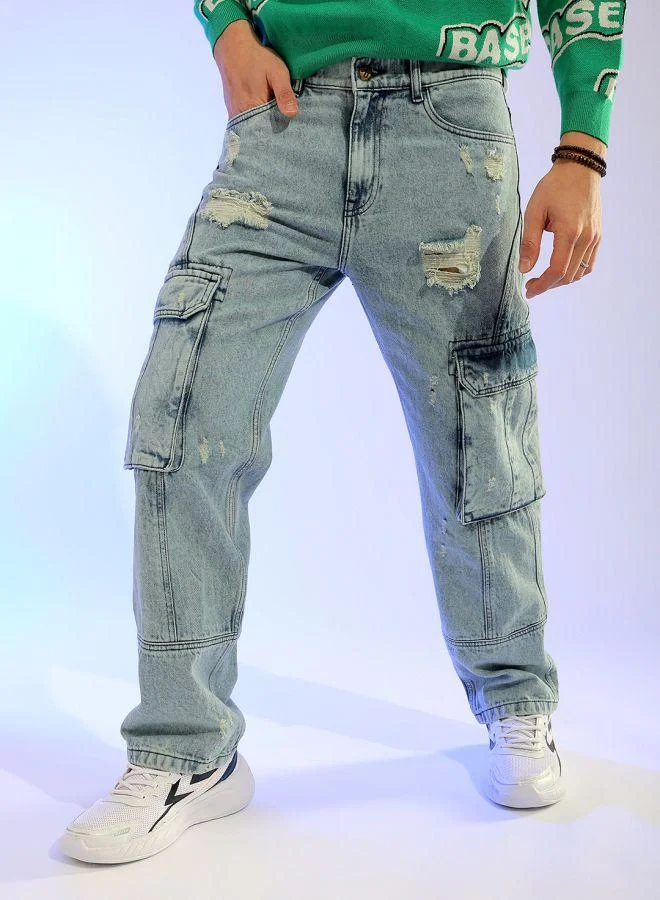 Men Relaxed Fit Distressed Mid-Rise Cargo Denim