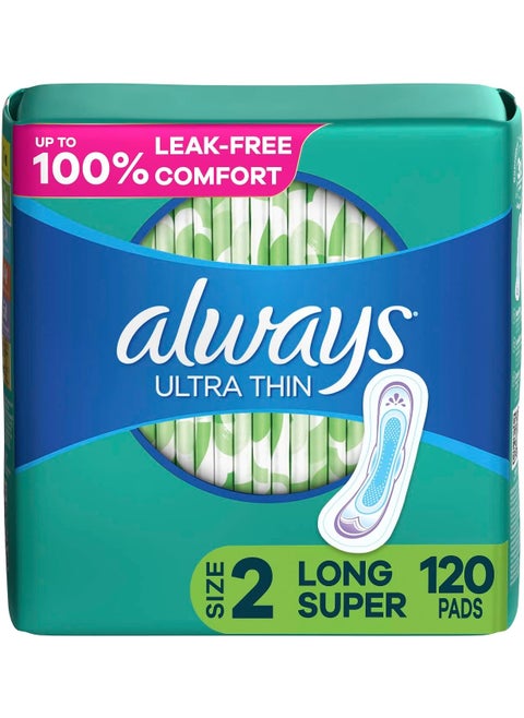 Always Ultra Thin, Feminine Pads For Women, Size 2 Long Super Absorbency, Multipack, Without Wings, Unscented, 40 Count x 3 Pack (120 Count total)