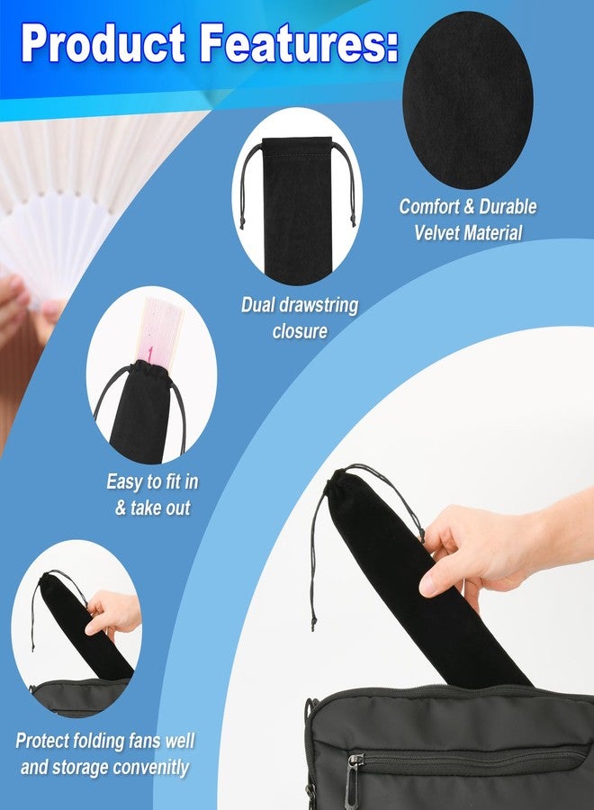 Cosmos 6 Pcs Folding Fan Pouch Velvet Drawstring Bag - Compact Travel Storage Organizer for Folding Hand Fans, Collector Case & Gift Wrap Protector Sleeve for Bridal Shower, Vintage Home Decor (Black) - Image 3